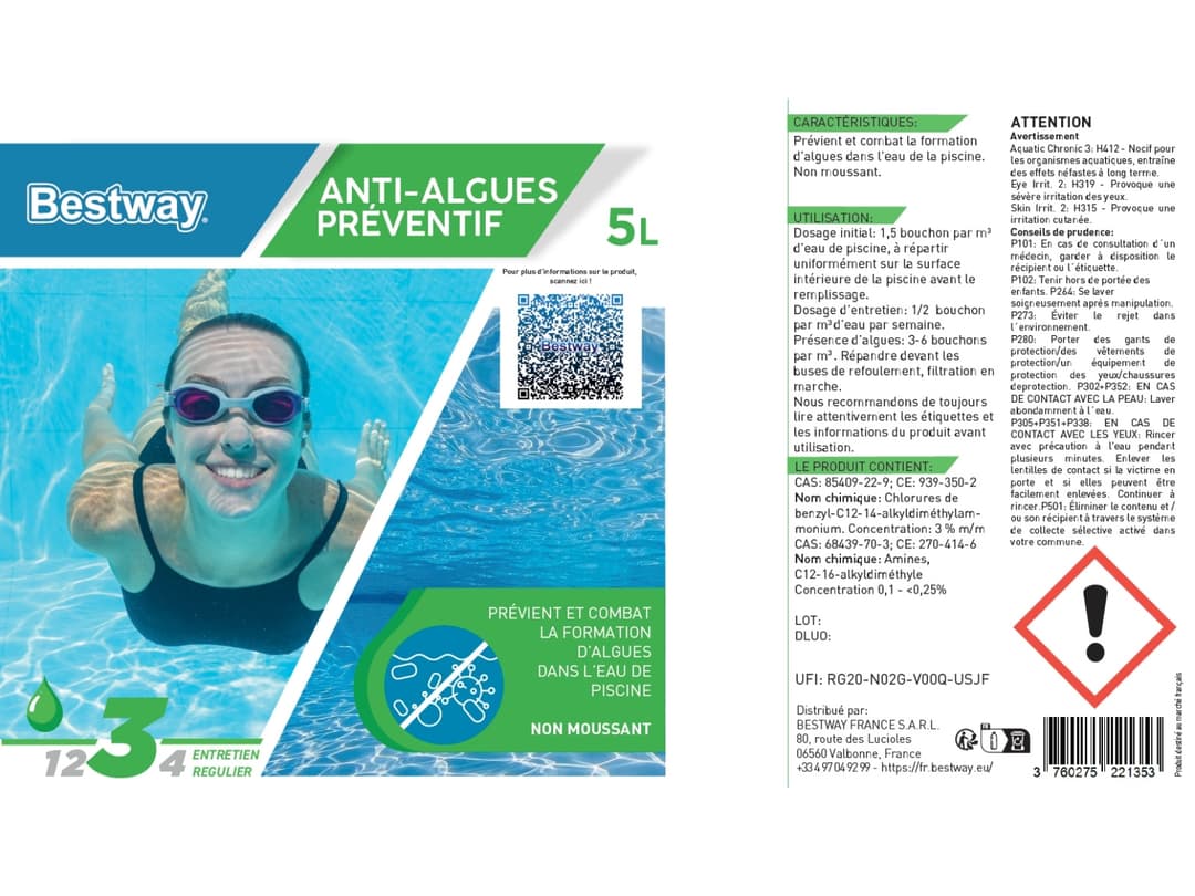 Accessoires Piscine Anti-Algues Preventif 5 Litres Bestway 5