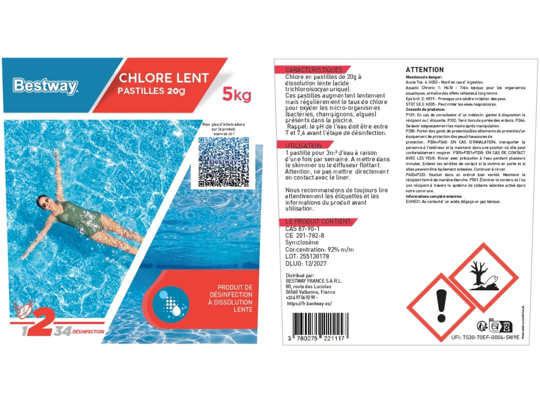 Accessoires Piscine Chlore Lent- Pastilles 20G Seau De 5 Kg Bestway 5