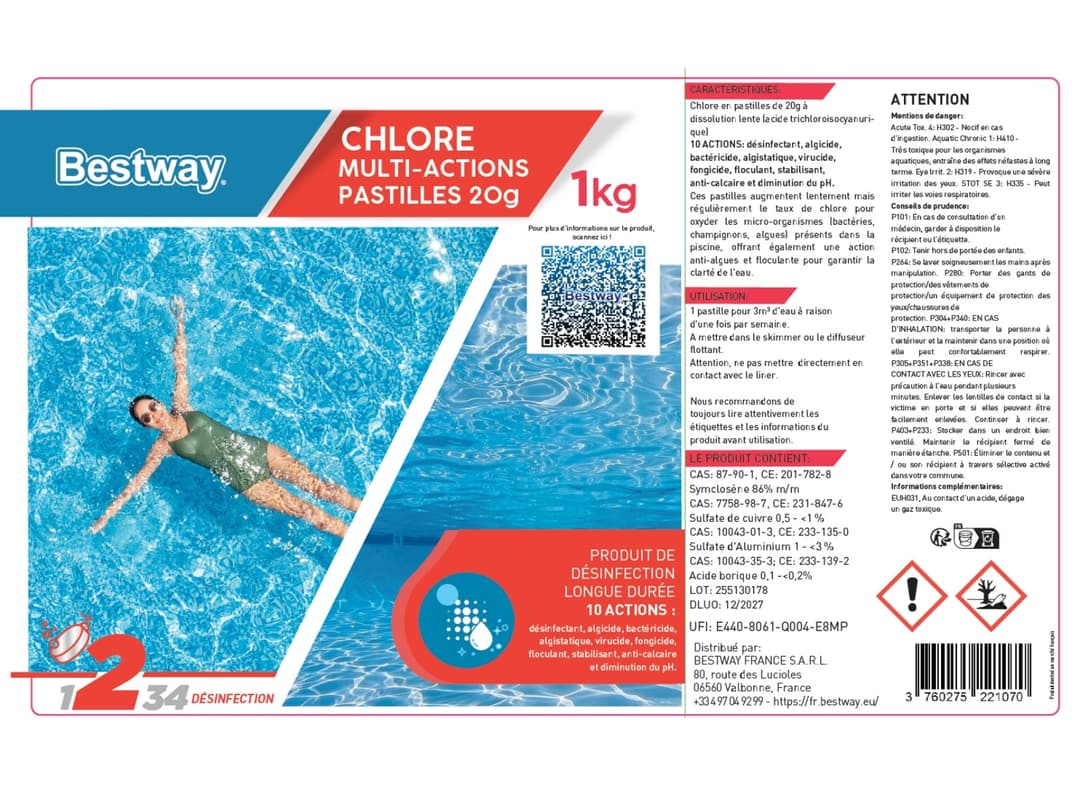 Accessoires Piscine Chlore Multiactions - Pastilles 20G Boite 1Kg  Bestway 4