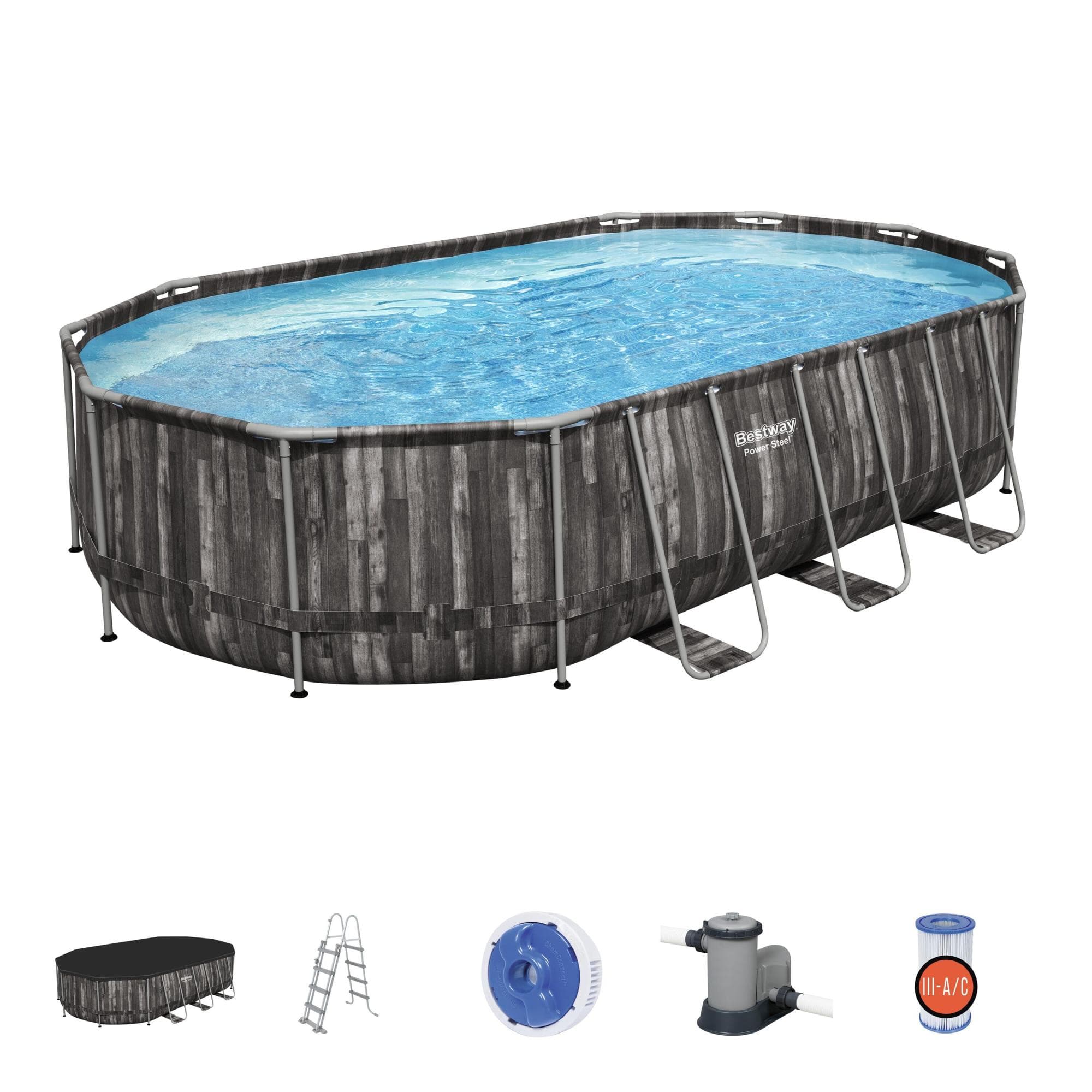 Piscine hors sol Piscine hors sol ovale Power Steel 610 x 366 x 122cm décor bois Bestway 1