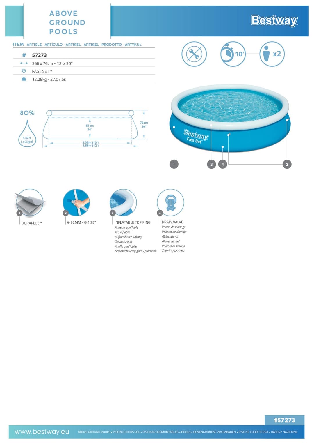 Piscine hors sol Piscine autoportante Fast Set ronde 366 x 76 cm Bestway 5