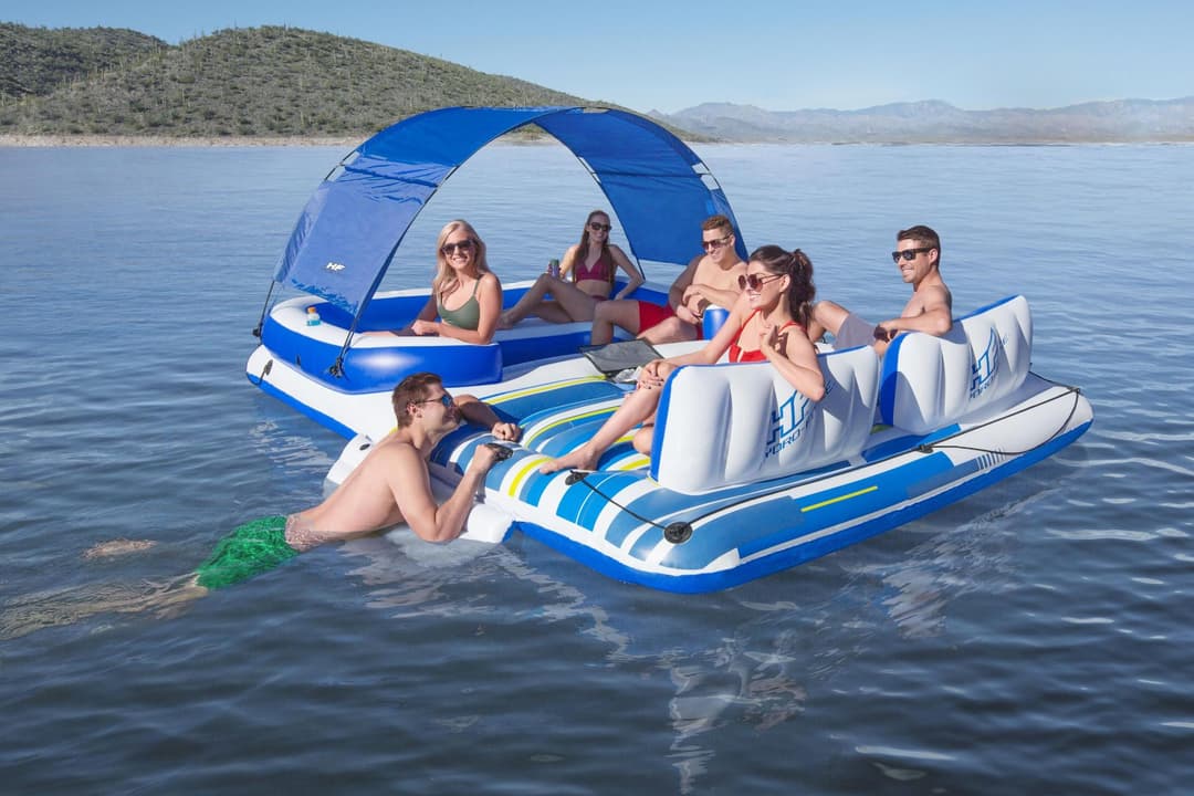 Jeux d'extérieur et trampoline Salon flottant Tropical Breeze 389 x 274 x 73 cm avec pare-soleil, 6 porte-gobelets, glacière, dossiers Bestway 2