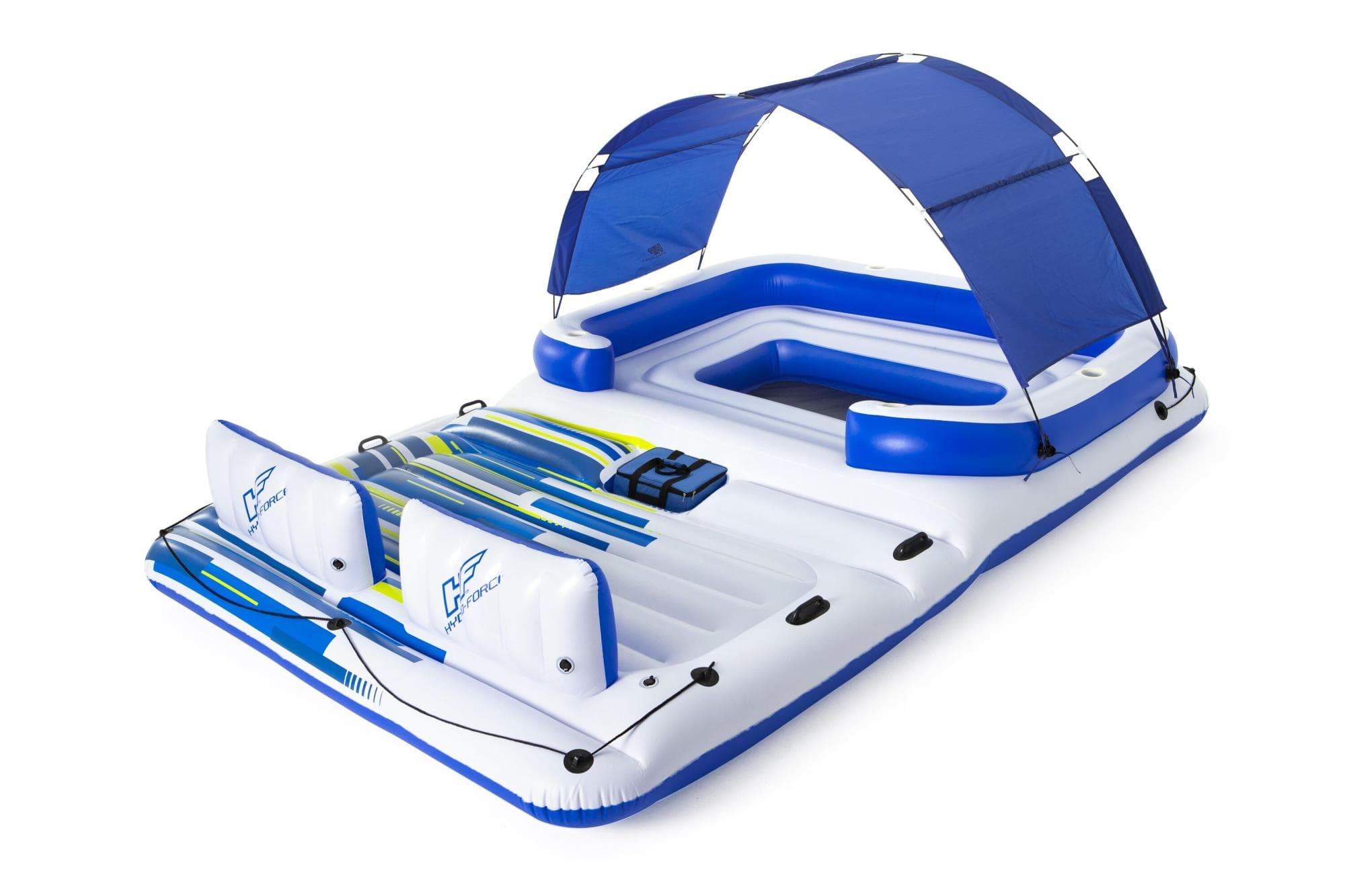 Jeux d'extérieur et trampoline Salon flottant Tropical Breeze 389 x 274 x 73 cm avec pare-soleil, 6 porte-gobelets, glacière, dossiers Bestway 1
