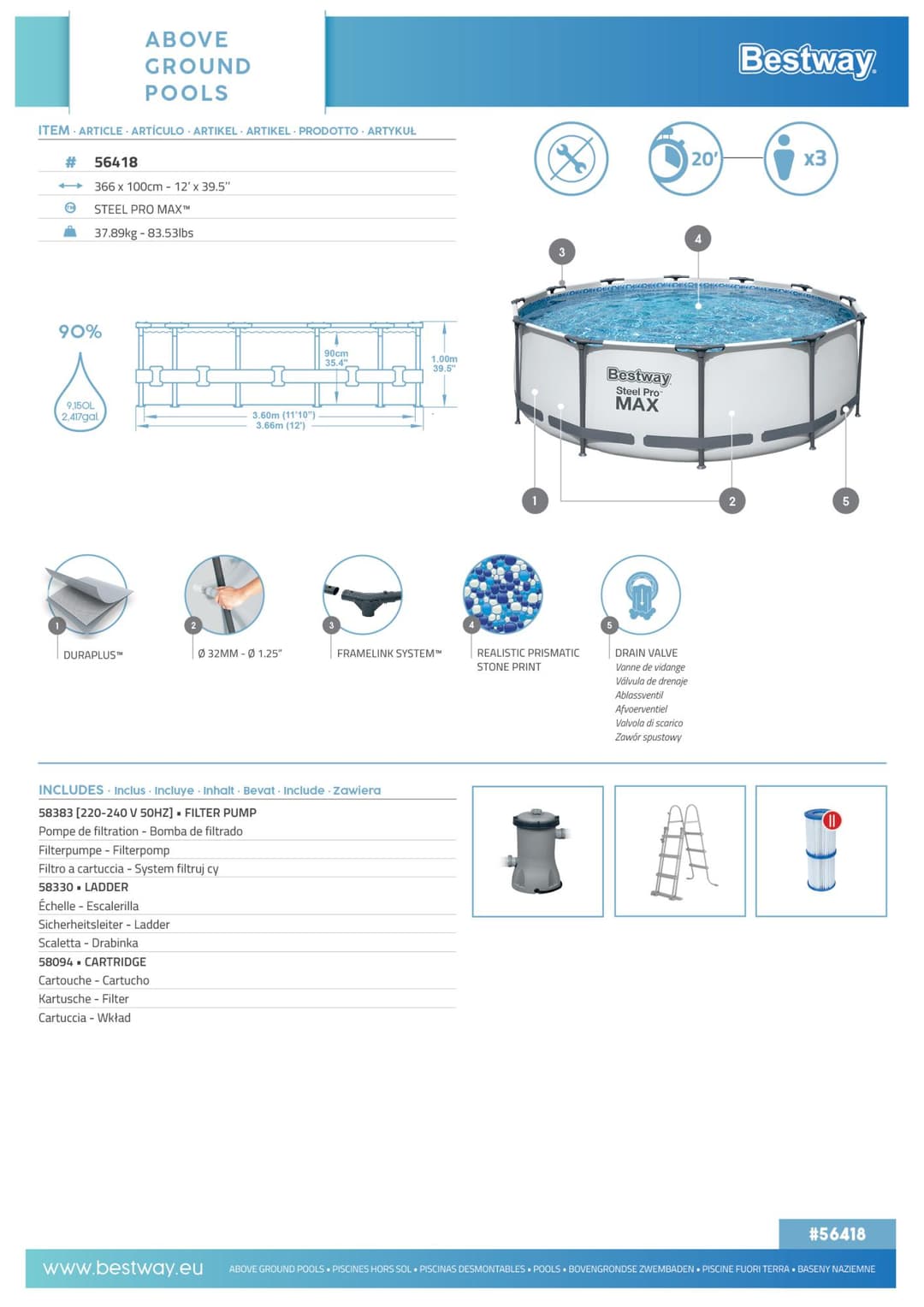 Piscine hors sol Piscine hors sol ronde Steel Pro Max 366 x 100 cm Bestway 4