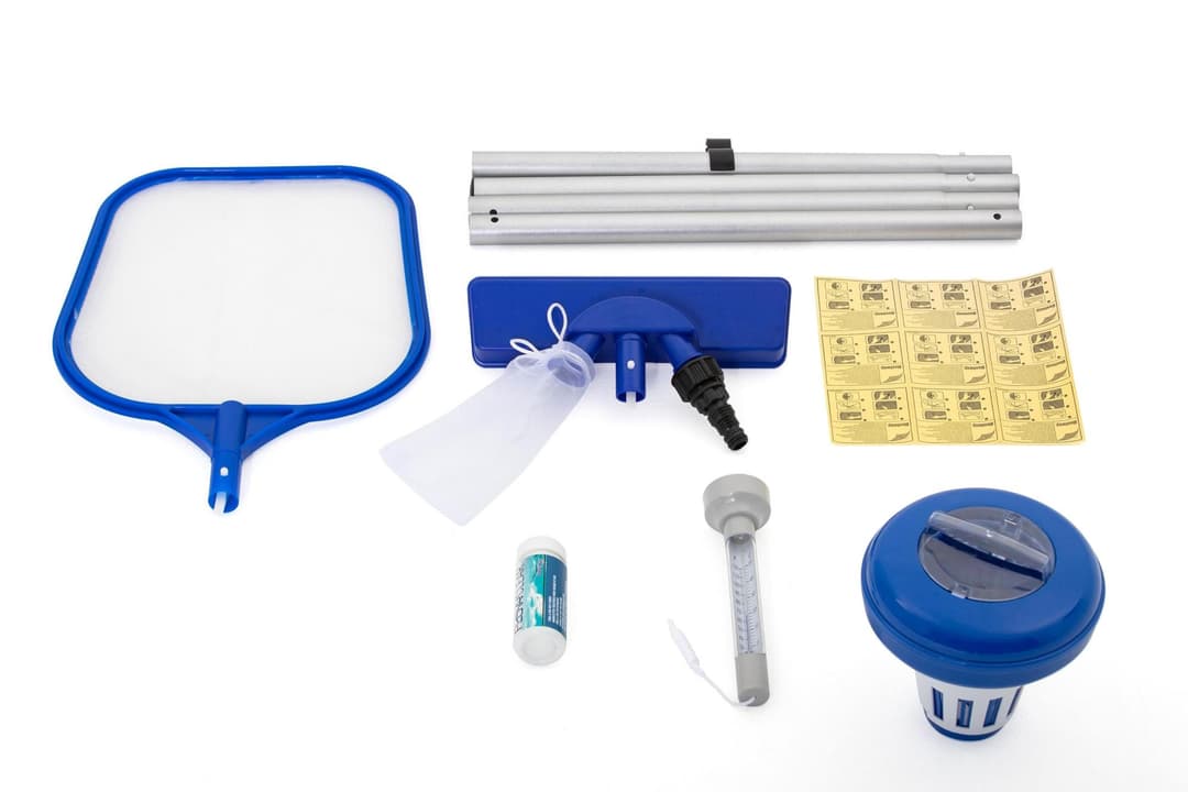 Accessoires Piscine Kit d'entretien pour piscines hors sol 6 pièces, épuisette, doseur flottant, thermomètre flottant, bandelettes de test, patch de réparation, manche alu 203 cm Bestway 5