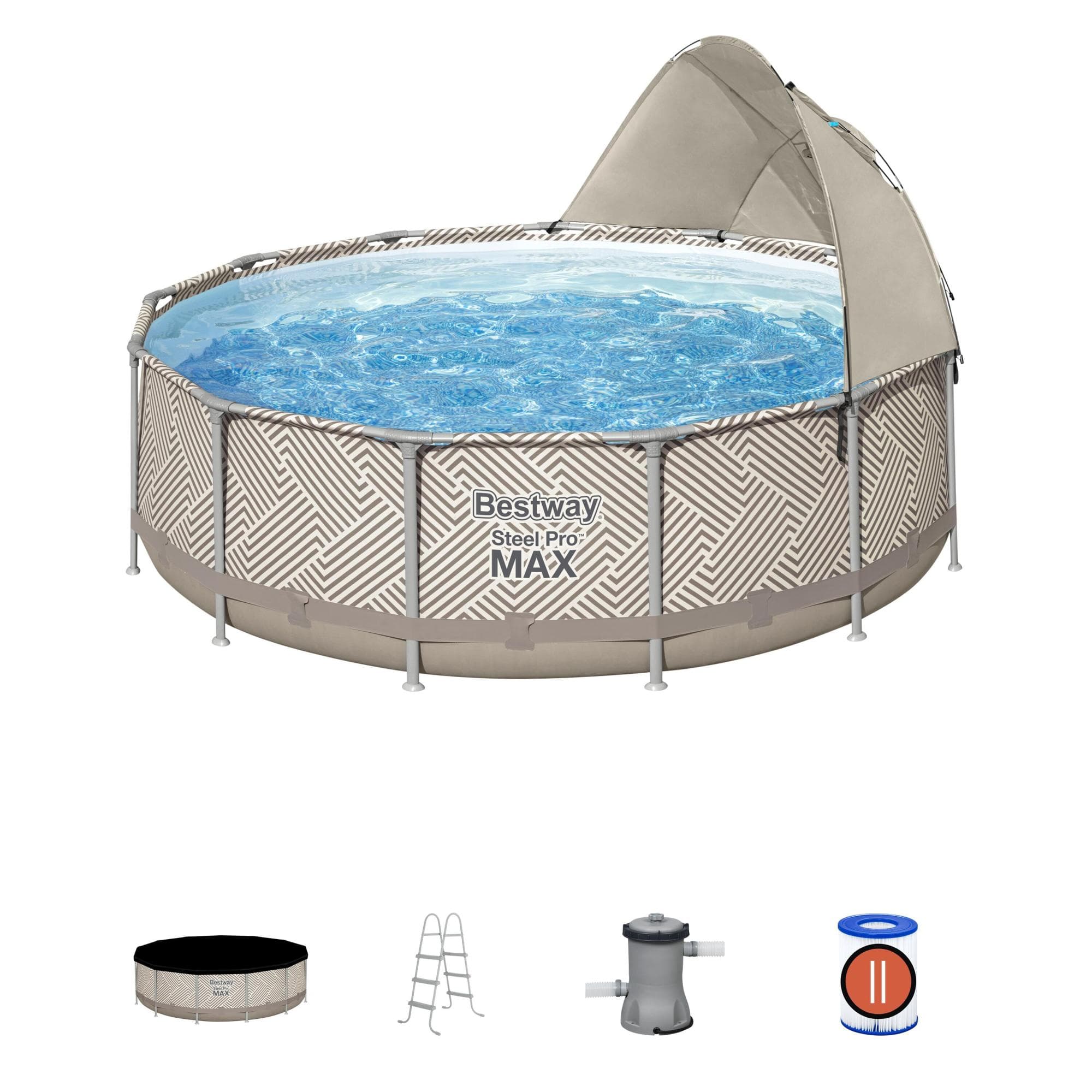 Piscine hors sol Piscine hors sol ronde Steel Pro Max™ 396 x 107 cm motif rayé avec filtre à cartouche, bâche, auvent, échelle Bestway 1