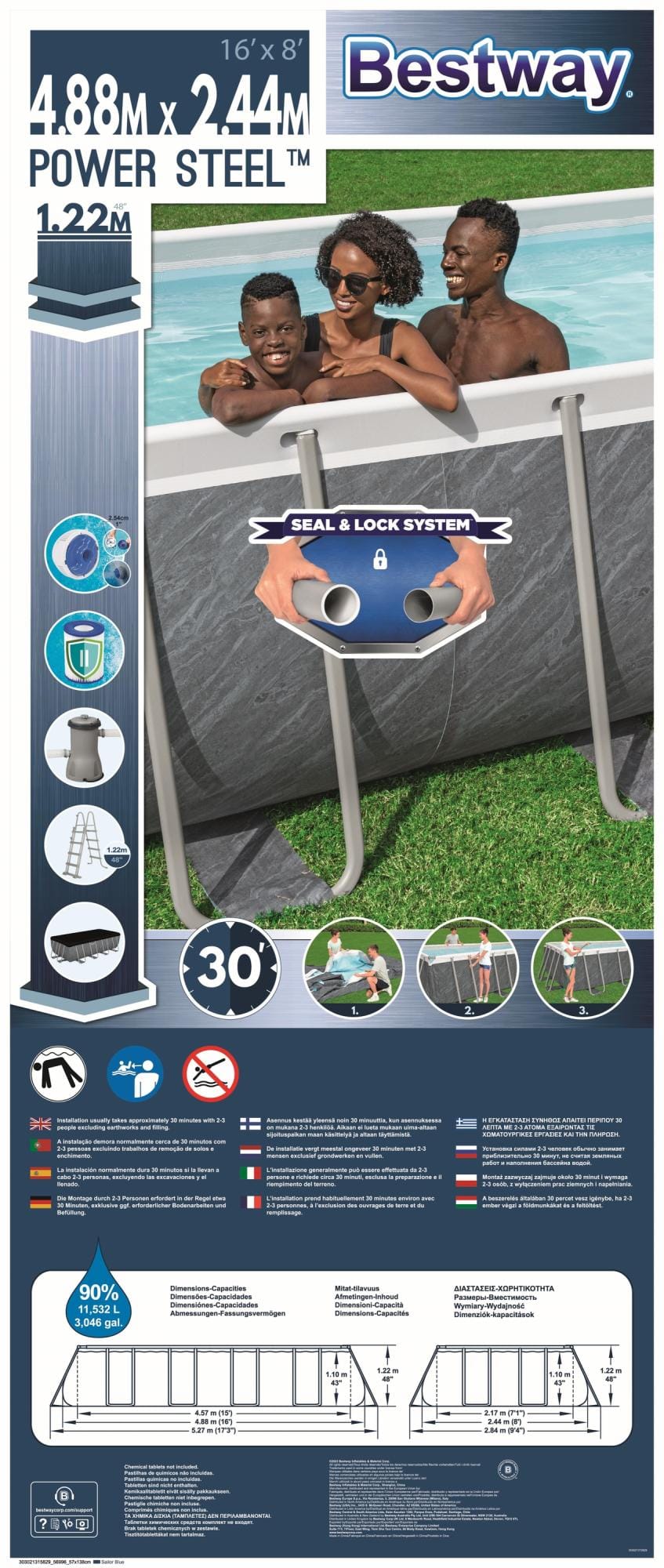 Piscine hors sol Piscine hors sol rectangle Power Steel™ 488 x 244 x 122 cm motif marbre avec filtre à cartouche, échelle, bâche Bestway 6