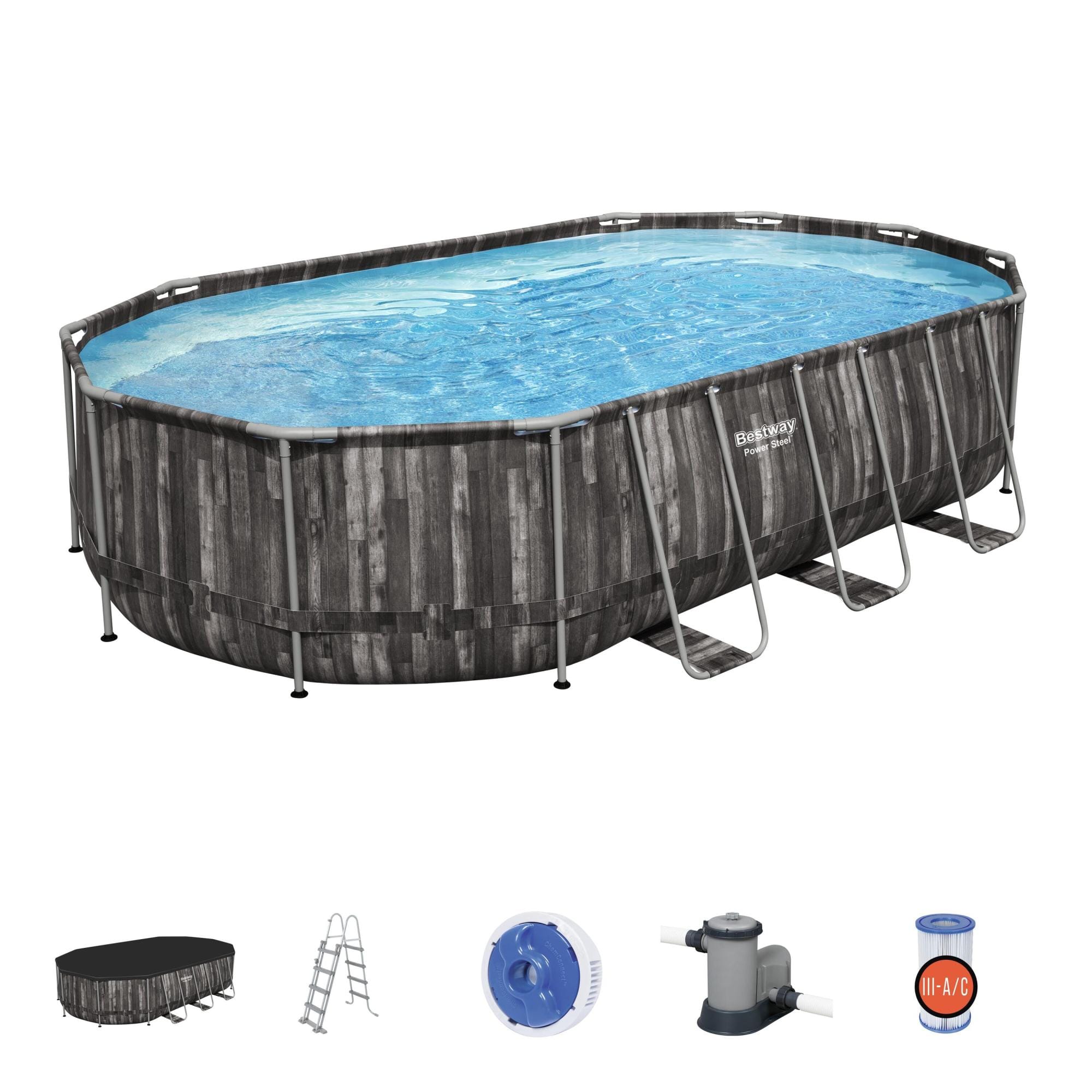 Piscine hors sol Piscine hors sol ovale Power Steel 610 x 366 x 122cm décor bois Bestway 1