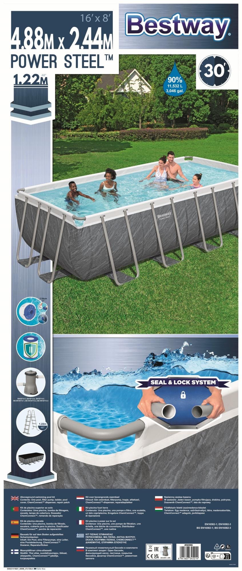 Piscine hors sol Piscine hors sol rectangle Power Steel™ 488 x 244 x 122 cm motif marbre avec filtre à cartouche, échelle, bâche Bestway 4