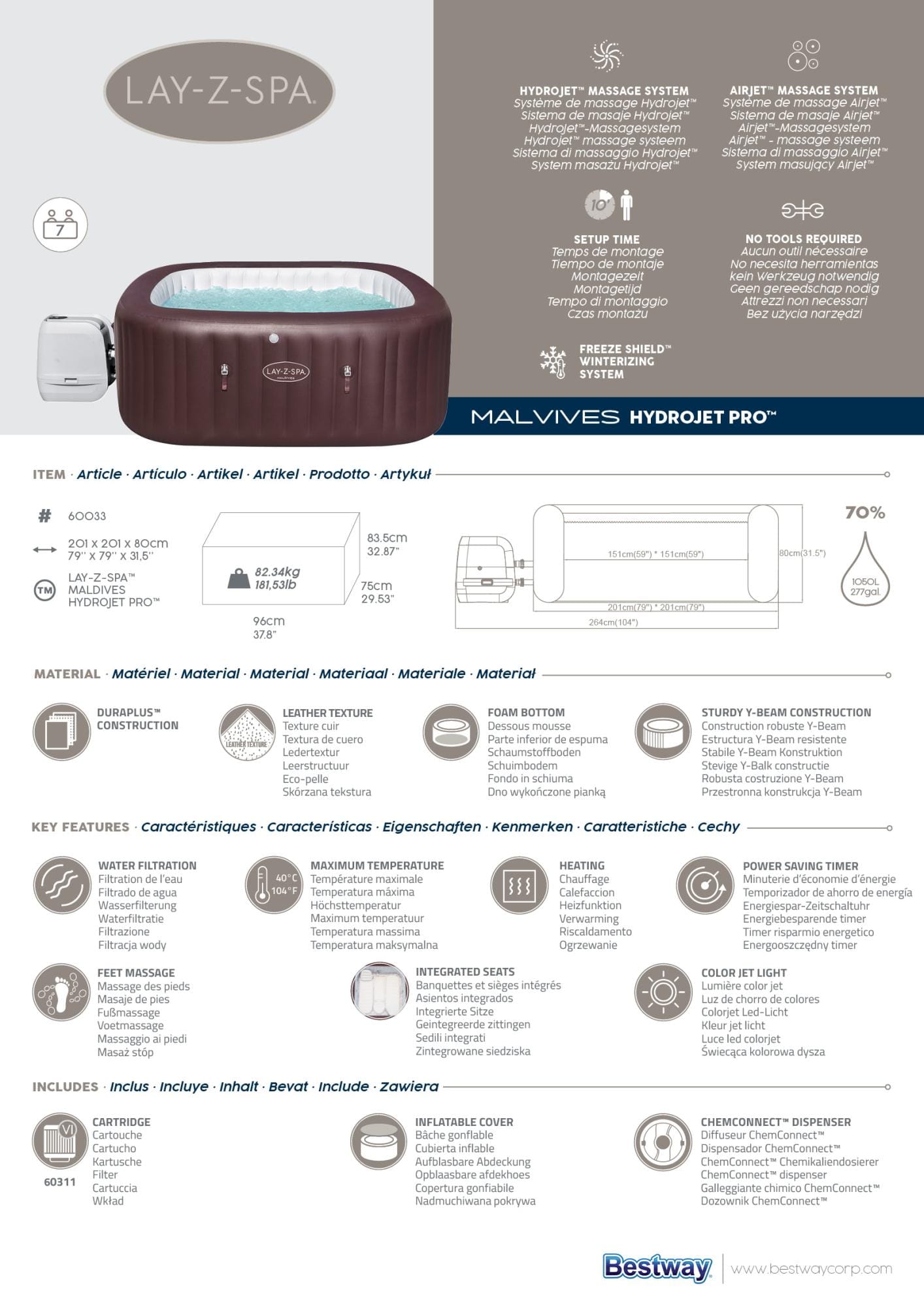Spa Spa gonflable carré Maldives Hydrojet Pro 5-7 personnes Bestway 12