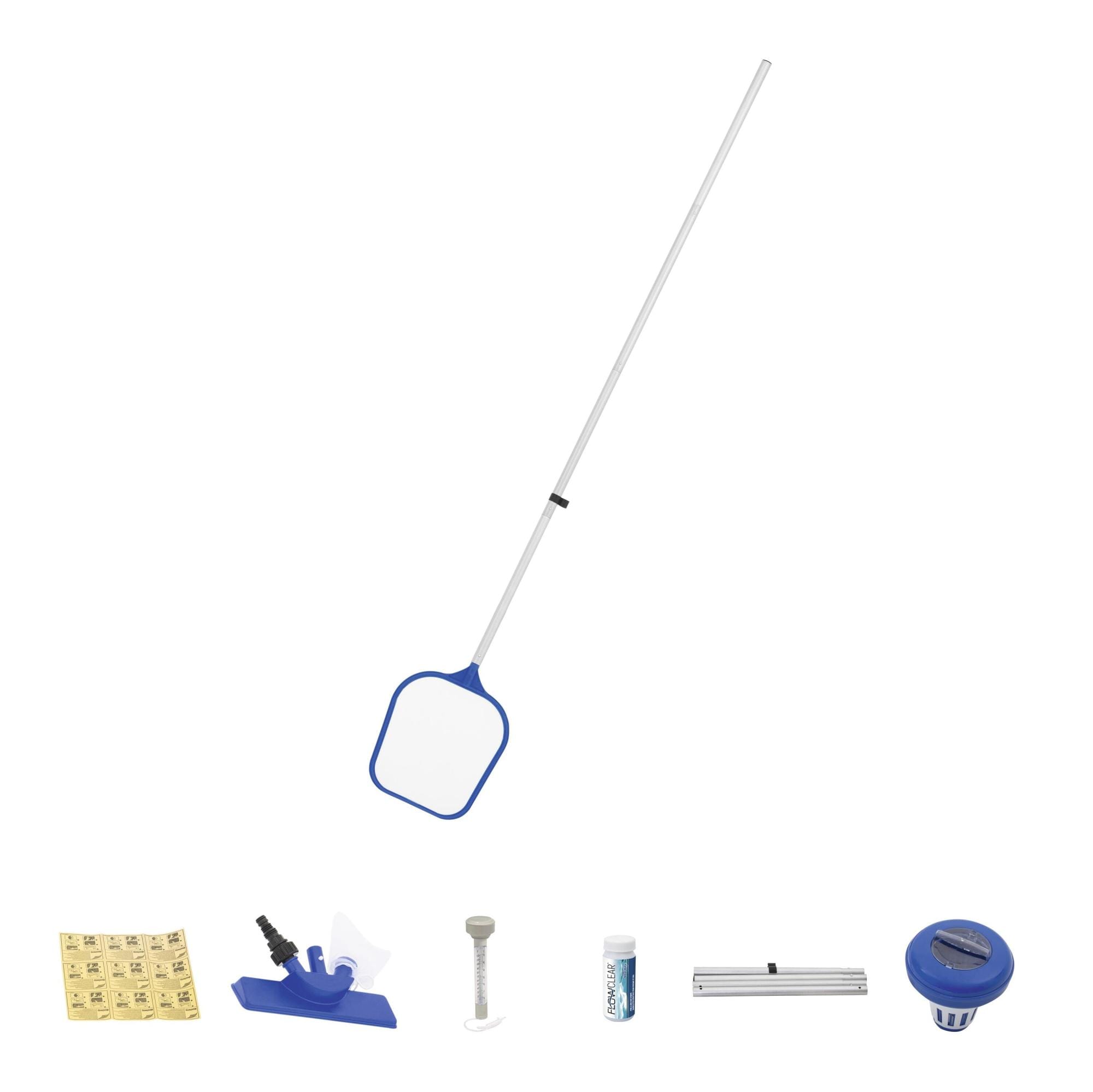 Accessoires Piscine Kit d'entretien pour piscines hors sol 6 pièces, épuisette, doseur flottant, thermomètre flottant, bandelettes de test, patch de réparation, manche alu 203 cm Bestway 1