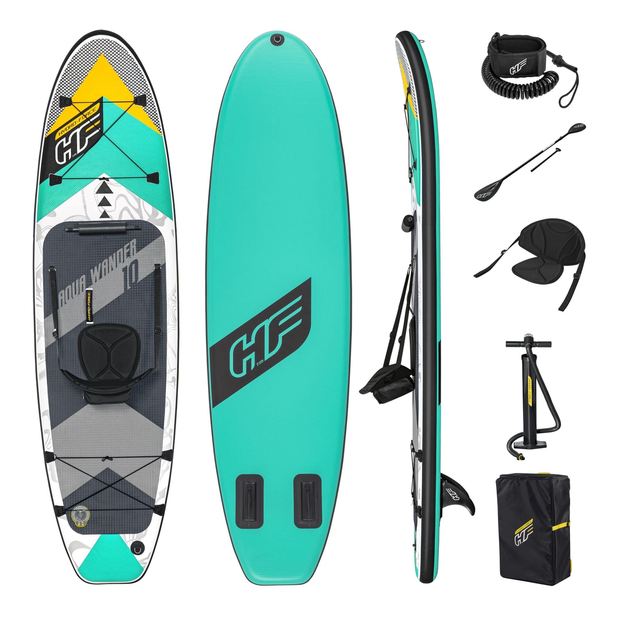 Bateaux, paddle et kayak Paddle SUP gonflable Hydro-Force™ Aqua Wander, 305 x 84 x 12 cm avec pagaie, leash, pompe, 2 ailerons et sac à dos de transport, siège détachable Bestway 1