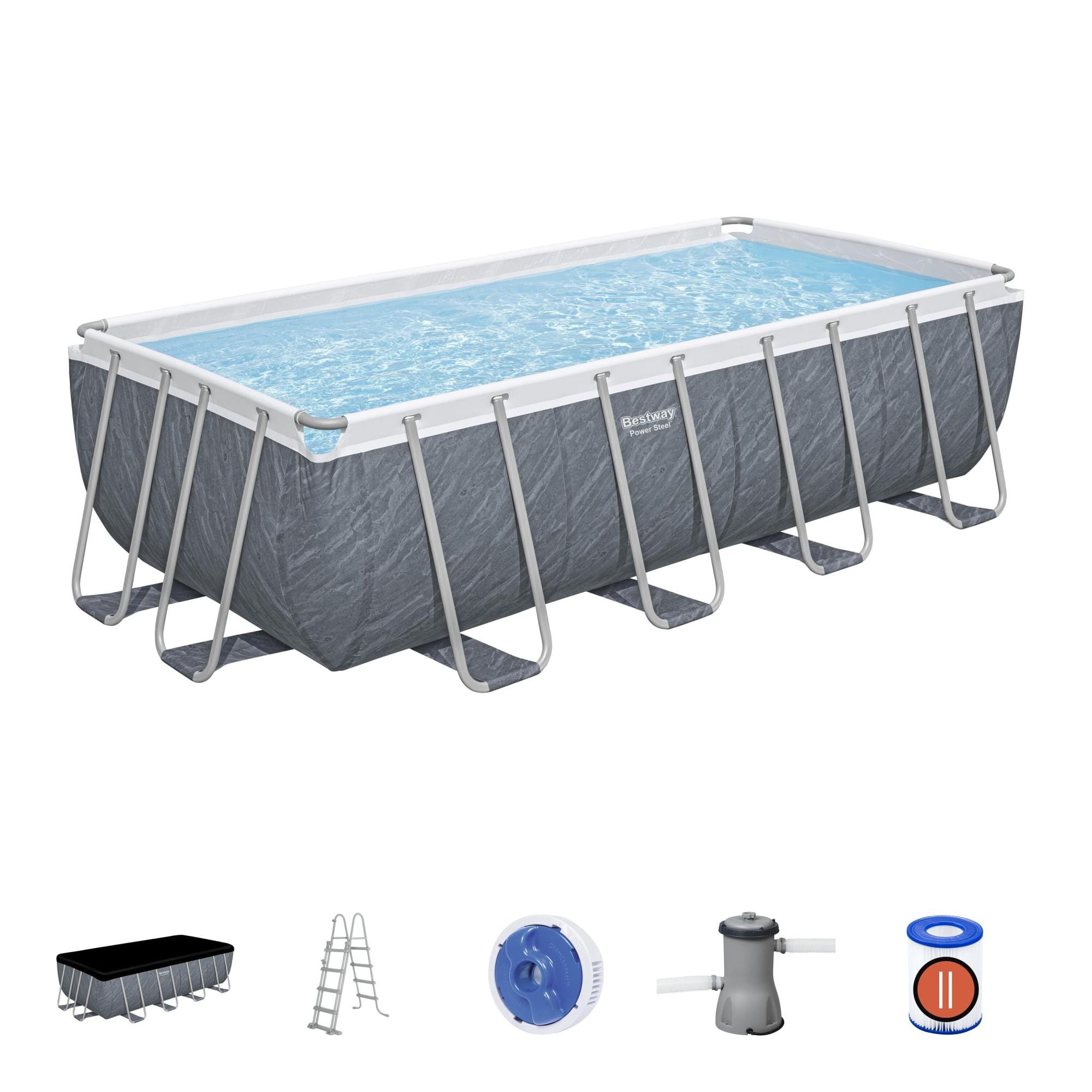 Piscine hors sol Piscine hors sol rectangle Power Steel™ 488 x 244 x 122 cm motif marbre avec filtre à cartouche, échelle, bâche Bestway 1