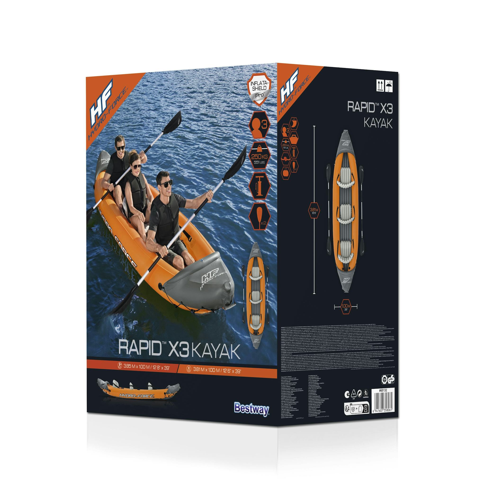 Sports d'eau Kayak gonflable Rapide 3 places X3 Hydro-Force™ 381 x 100cm, 2 pagaies, 2 ailerons amovibles et une pompe Bestway 3