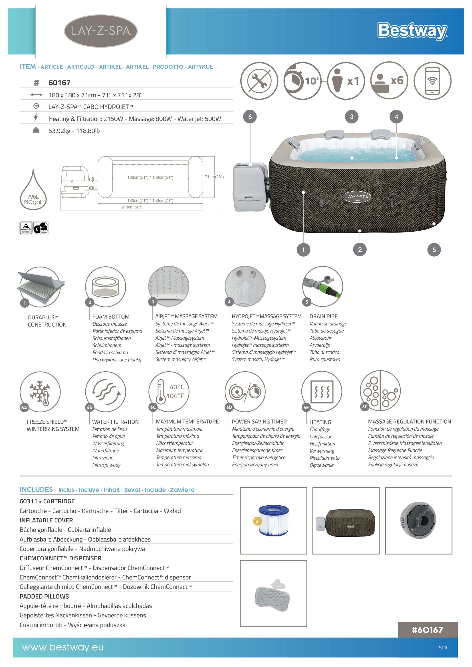 Spas Gonflables Spa gonflable carré Lay-Z-Spa Cabo Hydrojet™ 4-6 places Wifi Bestway 11