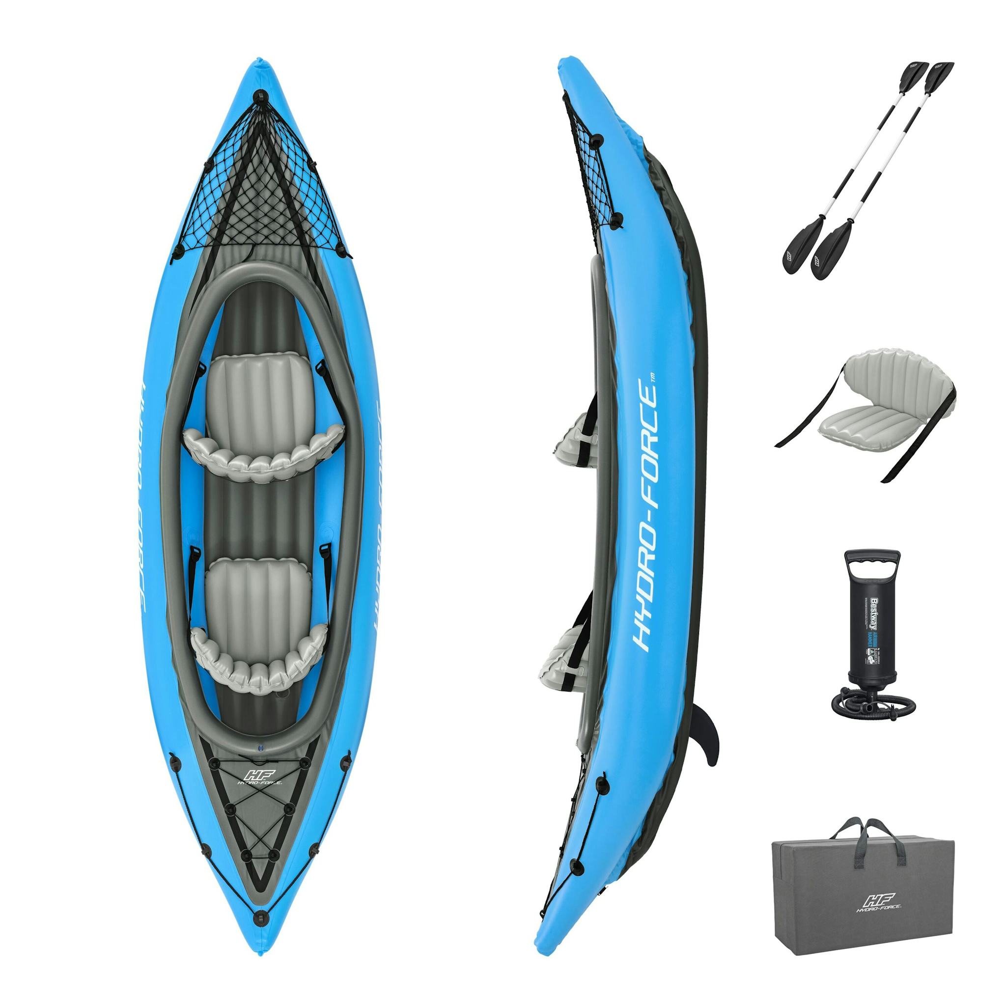Sports d'eau Kayak gonflable Cove Champion X2 Hydro-Force™ 331 x 88cm, 2 places, 180 kg max, 2 pagaies, 2 ailerons amovibles et une pompe Bestway 2