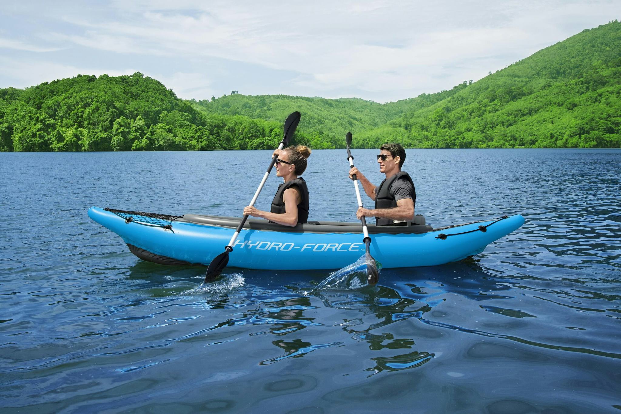 Sports d'eau Kayak gonflable Cove Champion X2 Hydro-Force™ 331 x 88cm, 2 places, 180 kg max, 2 pagaies, 2 ailerons amovibles et une pompe Bestway 5