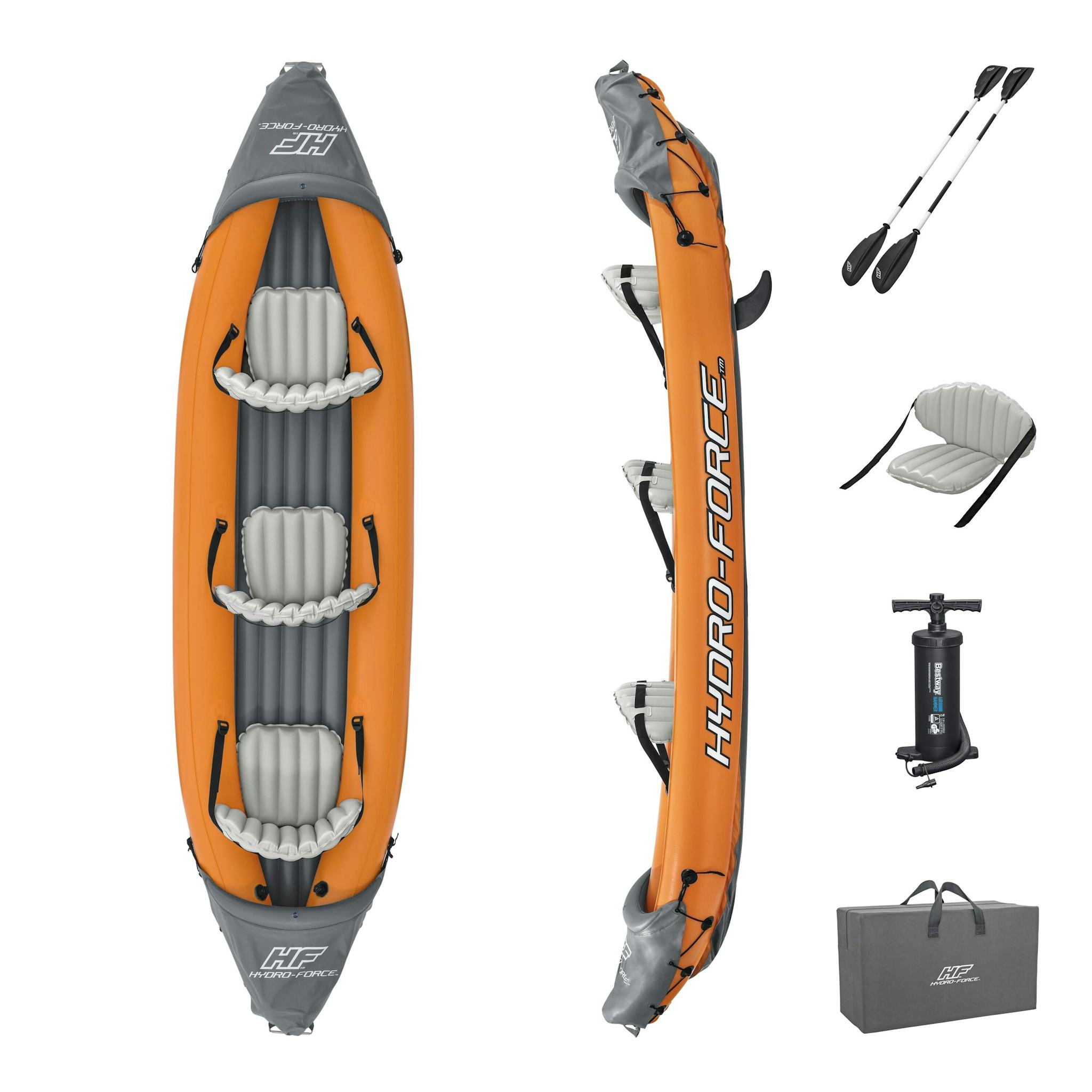 Sports d'eau Kayak gonflable Rapide X3 Hydro-Force™ 381 x 100cm, 3 places, 250 kg max, 2 pagaies, 2 ailerons amovibles et une pompe Bestway 10