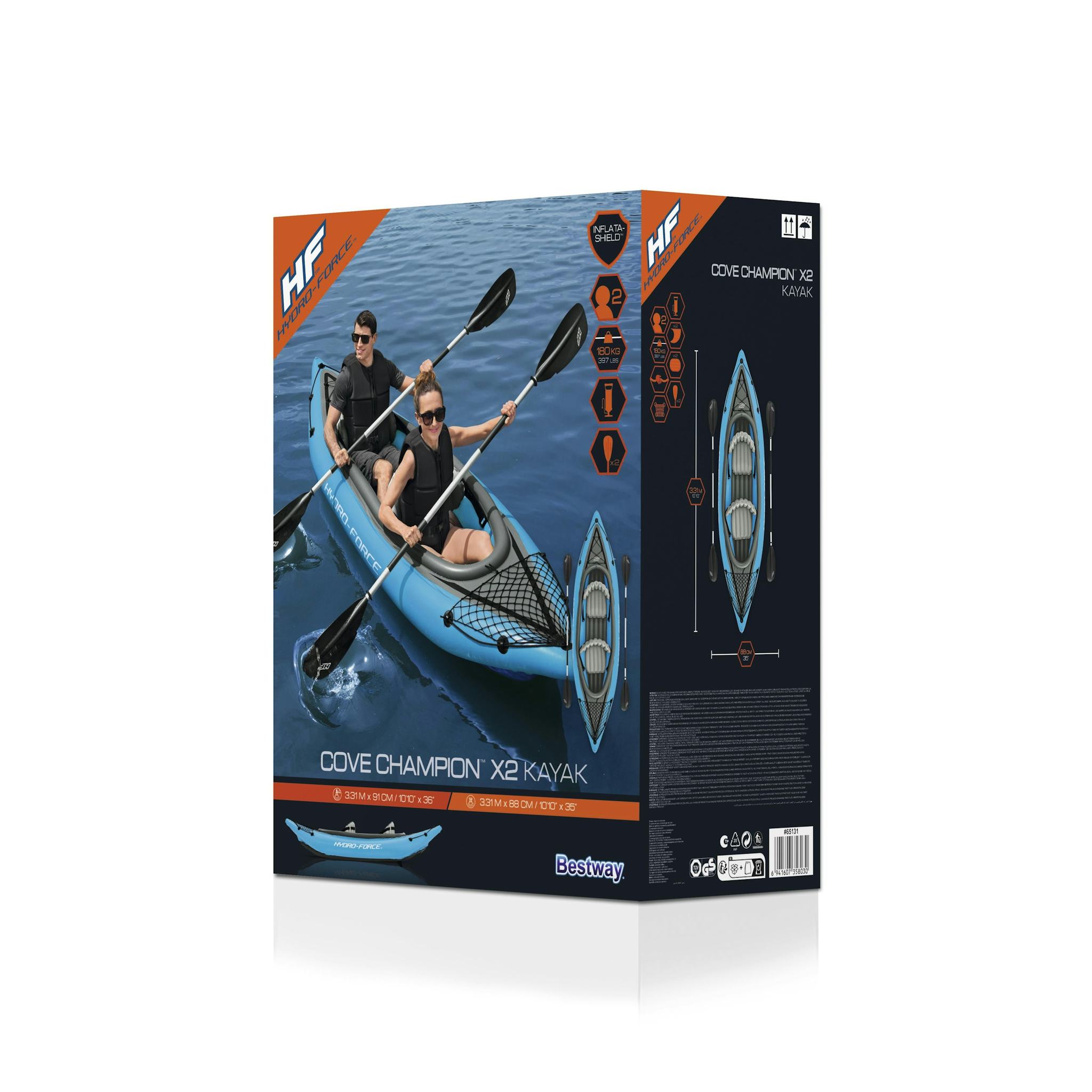 Sports d'eau Kayak gonflable Cove Champion X2 Hydro-Force™ 331 x 88cm, 2 places, 180 kg max, 2 pagaies, 2 ailerons amovibles et une pompe Bestway 8