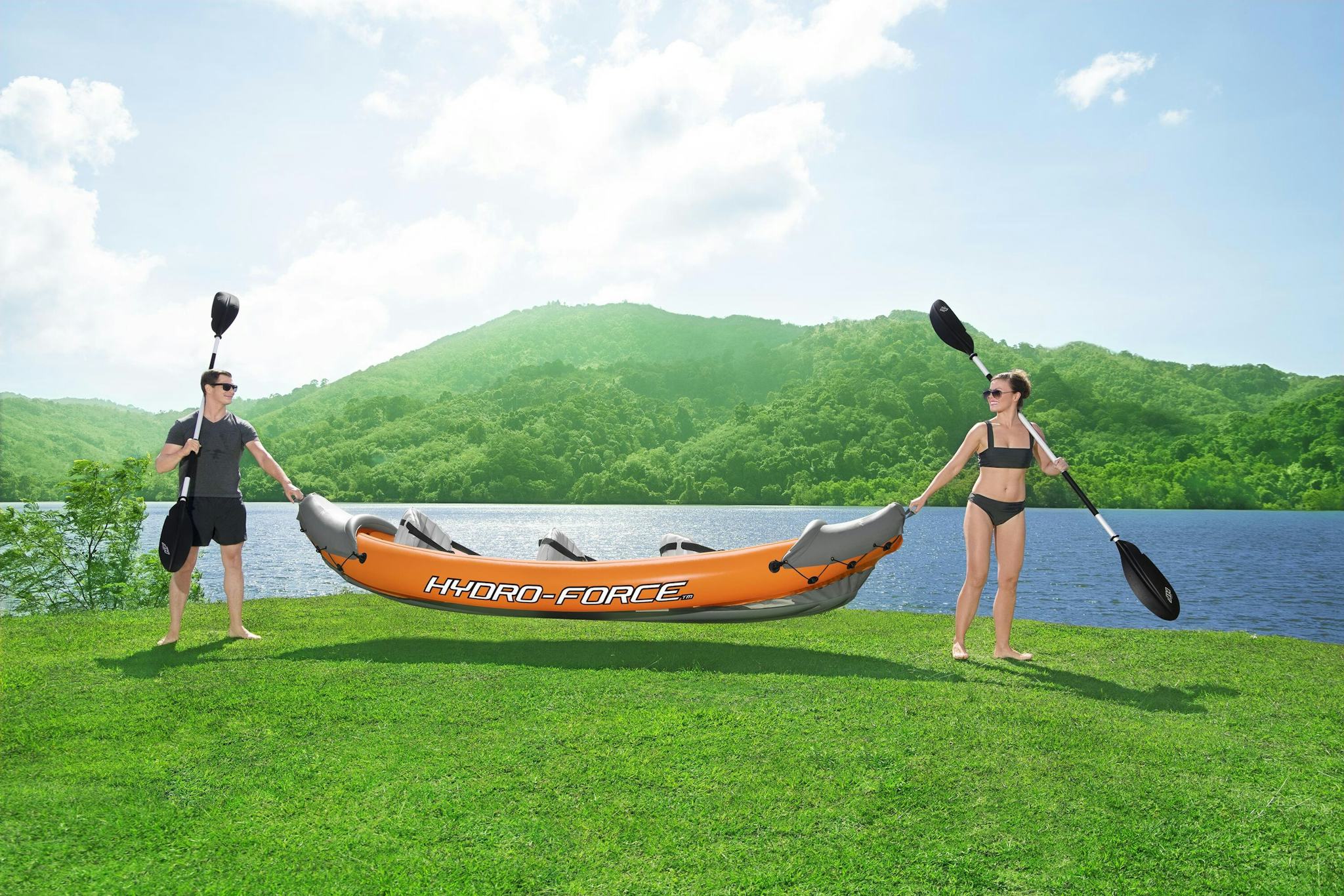 Sports d'eau Kayak gonflable Rapide X3 Hydro-Force™ 381 x 100cm, 3 places, 250 kg max, 2 pagaies, 2 ailerons amovibles et une pompe Bestway 9